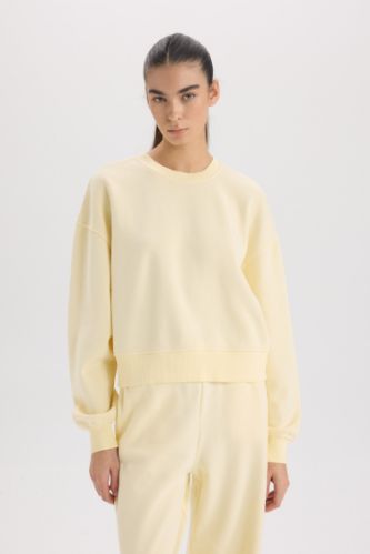 Boxy Fit Bisiklet Yaka Basic Düz Kalın Sweatshirt