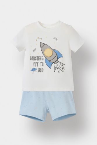 Erkek Bebek Pijama Takımı Uzay Baskılı Kısa Kollu Penye Üst Beli Lastikli Şort