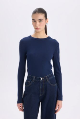 WOMAN NAVY Slim Fit Casual Modal Long Sleeve T-Shirt