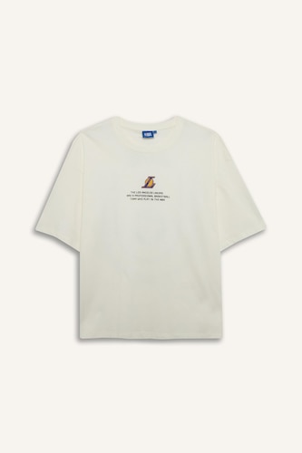 %100 Pamuk NBA Los Angeles Lakers Boxy Fıt Bisiklet Yaka Kısa Kollu Tişört