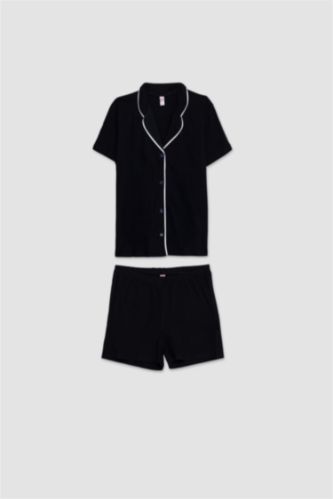 حريمي أسود طقم بيجاما قصة عادية نص كم من Fall in Love - قطعتين