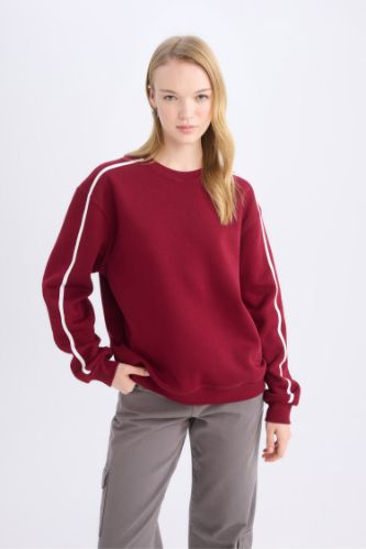 Coool Loose Fit Bisiklet Yaka Şerit Detaylı Kalın Sweatshirt