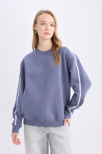 Coool Loose Fit Bisiklet Yaka Şerit Detaylı Kalın Sweatshirt