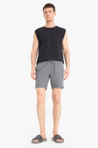 Regular Fit Kısa Boy Cepli File Astarlı Beli Bağcıklı Düz Hafif Kumaş Deniz Şortu