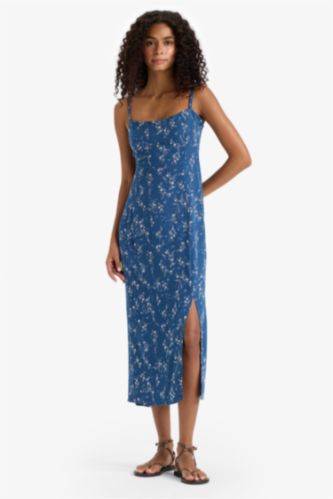 WOMAN NAVY Straight Fit Round Collar Floral Sleeveless Midi Dress