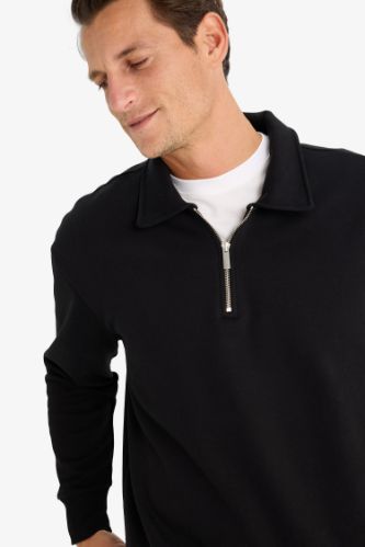 Relax Fit Polo Yaka Fermuarlı Basic Düz Kalın Sweatshirt
