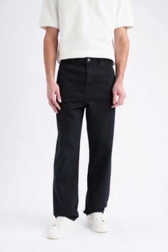 %100 Pamuk Baggy Fit Geniş Kalıp Normal Bel Geniş Paça Siyah Jean Pantolon
