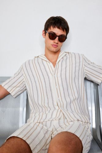 Regular Fit Polo Yaka Çizgili Kısa Kollu Gömlek