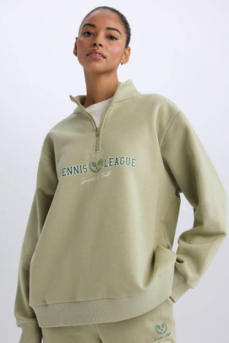 DeFactoFit Oversize Geniş Kalıp Fermuarlı Dik Yaka Baskılı Kalın Sporcu Sweatshirt
