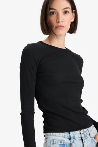 Slim Fit Dar Kesim Basic Düz Fitilli Kaşkorse Uzun Kollu Tişört
