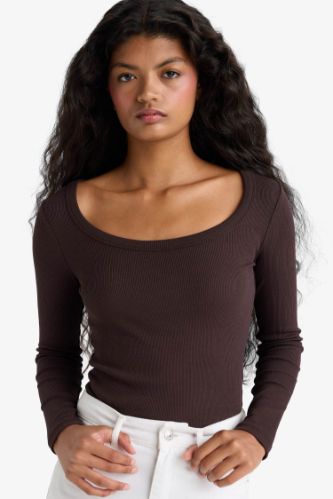 Slim Fit Dar Kesim Yuvarlak Yaka Basic Düz Fitilli Kaşkorse Uzun Kollu Tişört