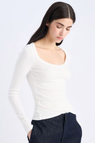 Slim Fit Dar Kesim Basic Düz Fitilli Kaşkorse Uzun Kollu Tişört