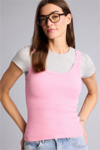 Женщины Розовый Базовая однотонная майка кашкорсе Regular Fit в рубчик с круглым вырезом