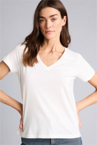 Kadın Ekru %100 Pamuk Regular Fıt V Yaka Basıc Penye Tişört