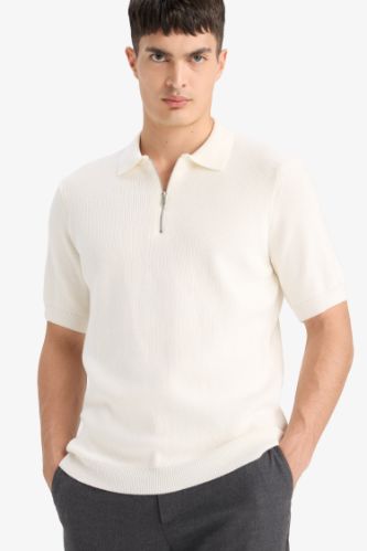 %100 Pamuk Standart Fit Yarım Fermuarlı Kısa Kollu Triko Polo Tişört