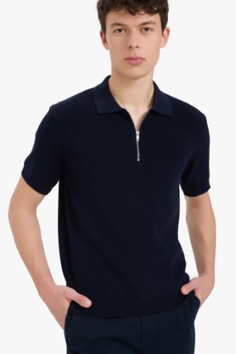 %100 Pamuk Standart Fit Yarım Fermuarlı Kısa Kollu Triko Polo Tişört