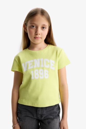 Kız Çocuk Slim Fit Dar Kesim Bisiklet Yaka Fitilli Kaşkorse Baskılı Kısa Kollu Tişört