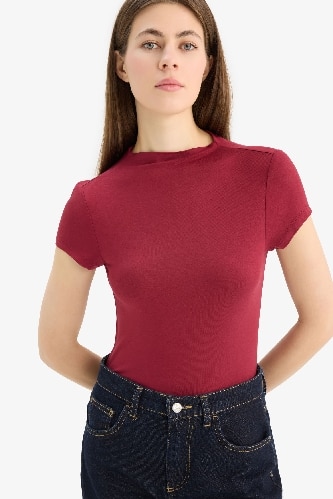 Slim Fit Dar Kesim Yarım Balıkçı Yaka Kısa Kollu Tişört