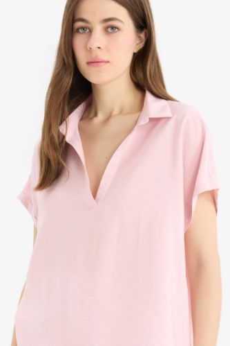 Comfort Fit Gömlek Yaka Basic Düz Kısa Kollu Bluz