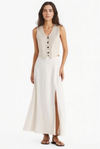 Kadın Açık Kum A Kesim Normal Bel Yırtmaçlı Keten Karışımlı Maxi Etek