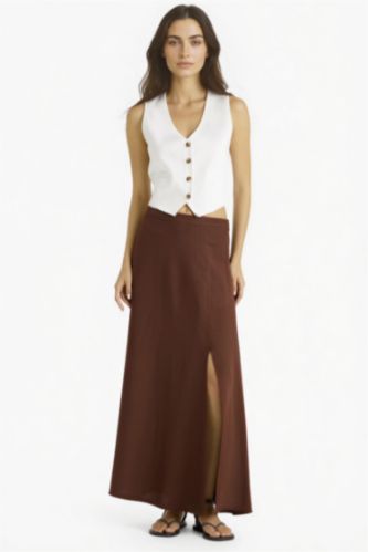Woman Brown A Cut Linen Blended Normal Waist Maxi Skirt