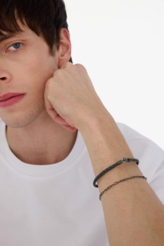 AtolyeWolf x DeFacto Erkek 2'li Gri Deri Çelik Parçalı ve Çelik Zincir Detaylı İnce Forsa Bileklik