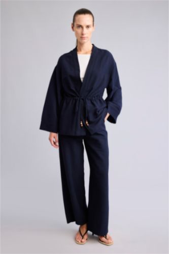 Women NAVY Linen Blended Trousers