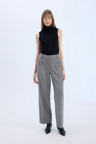 Wide Leg Yüksek Bel Geniş Düz Paça Pensli Flanel Pantolon