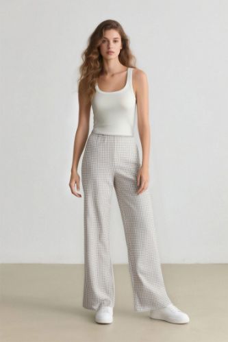 Coool Wide Leg Kareli Normal Bel Geniş Paça Pantolon