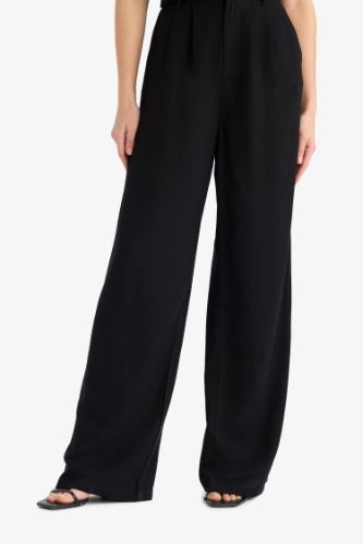 Wide Leg Fermuarlı Normal Bel Standart Boy Geniş Paça Keten Karışımlı Palazzo Pantolon