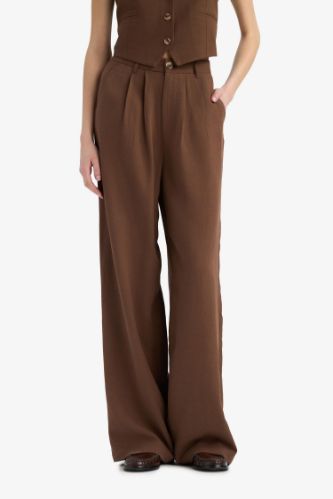 Wide Leg Fermuarlı Normal Bel Standart Boy Geniş Paça Keten Karışımlı Palazzo Pantolon