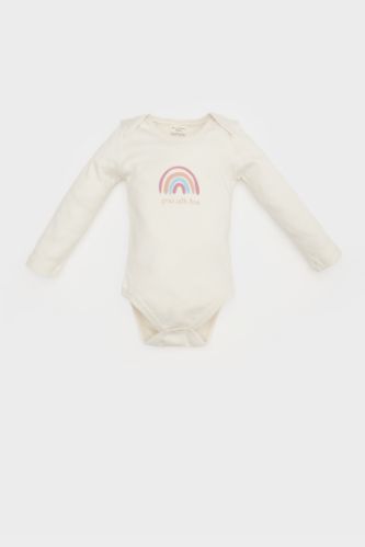 Kız Bebek Yenidoğan Bisiklet Yaka Gökkuşağı Baskılı Uzun Kollu Çıtçıtlı Body