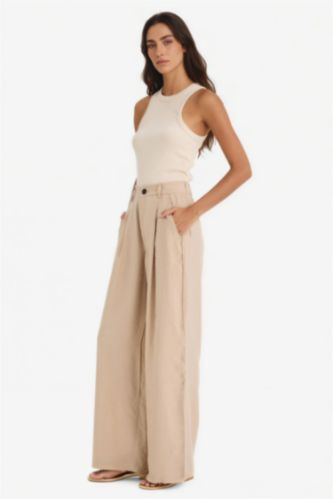 WOMAN Beige Carrot Fit High Waist Wide Leg Modal Fabric Trousers