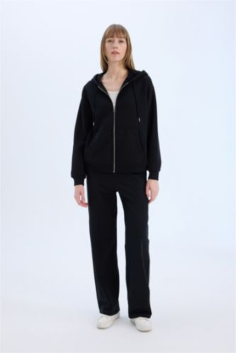 Women Black Straight Fit Thin Sweatshirt Fabric Trousers