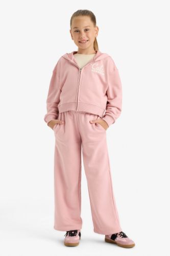 Kız Çocuk 2'li Takım Baskılı Kapüşonlu Fermuarlı Sweatshirt Eşofman Altı