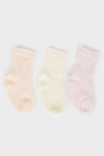 Kız Bebek Pembe Kız Bebek Basıc Düz Kaydırmaz Taban 3'lü Pamuklu Uzun Çorap