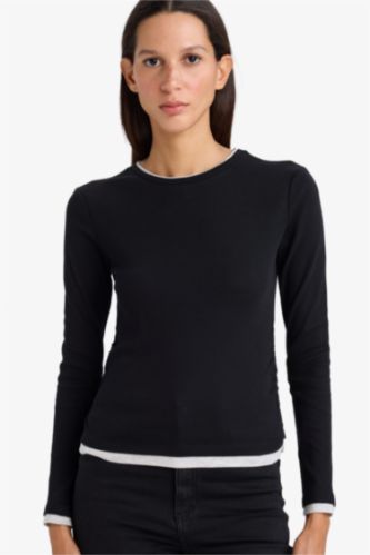 Slim Fit Dar Kesim Bisiklet Yaka Basic Düz  Ribana Uzun Kollu Tişört