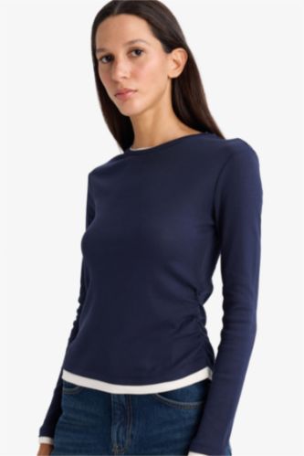 Slim Fit Dar Kesim Bisiklet Yaka Basic Düz Ribana Uzun Kollu Tişört