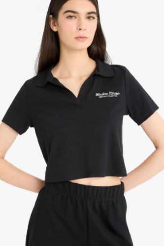 Regular Fit Круглый Вырез Вышивка Принт Рубчатая Трикотажная Короткая Рукавами Футболка