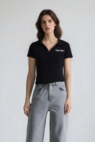Regular Fit Круглый Вырез Вышивка Принт Рубчатая Трикотажная Короткая Рукавами Футболка