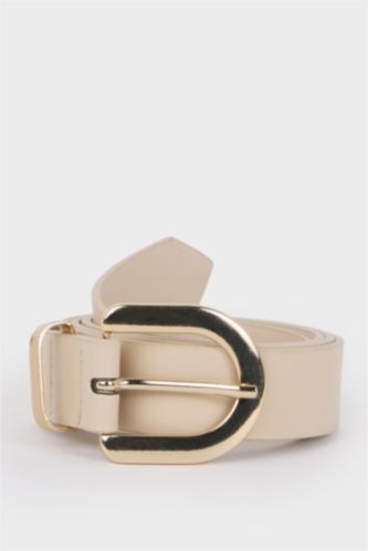 Woman Beige Woman Oval Buckle Faux Leather Jean Belt