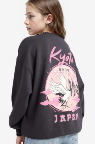 Kız Çocuk Oversize Geniş Kalıp Bisiklet Yaka Sırt Baskılı Sweatshirt