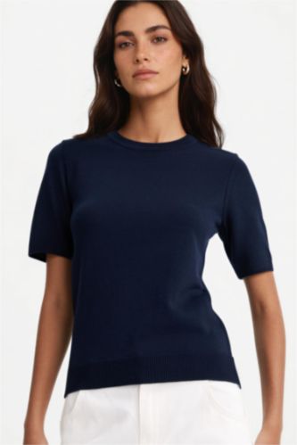 حريمي كحلي بلوفر تريكو نص كم قصة عادية برقبة مستديرة كحلي