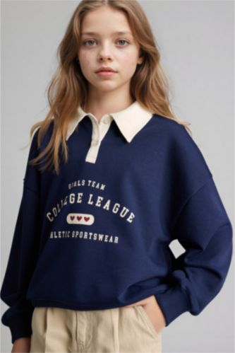 بناتي كحلي سويت شيرت بناتي مطبوع قصة مريحة وياقة بولو