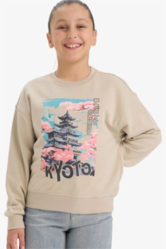 Kız Çocuk Relax Fit Bisiklet Yaka Baskılı Sweatshirt