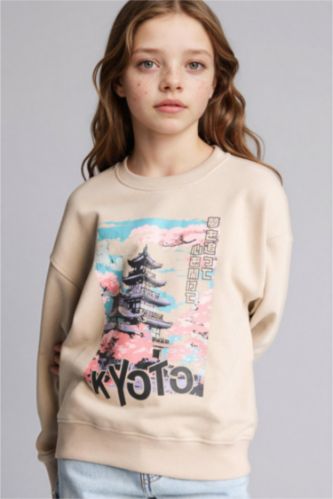 Kız Çocuk - Genç Kız Kum Relax Fit Bisiklet Yaka Baskılı Sweatshirt Kız Çocuk