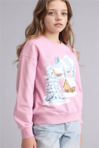 بناتي زهري سويت شيرت بناتي مطبوع قصة مريحة