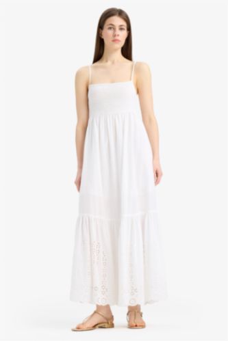 Elastic Collar Cotton Strappy White Maxi Dress