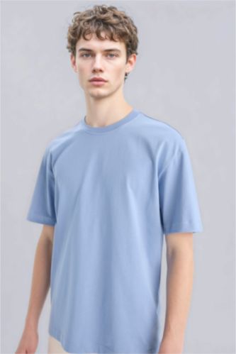 Erkek Mavi %100 Pamuk Oversize Geniş Kalıp Bisiklet Yaka Basic Düz Kısa Kollu Tişört