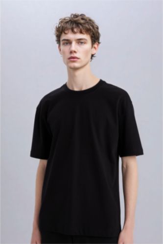 Erkek Siyah %100 Pamuk Oversize Geniş Kalıp Bisiklet Yaka Basic Düz Kısa Kollu Siyah Tişört